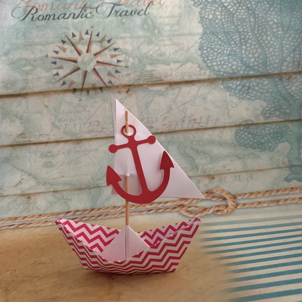 paper boat  sail boat with red anchor nursery beach wedding bridal favor beach cottage