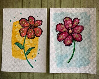ACEO Original Watercolor Painting Set of Two “Petals and Daydreams”  Botanical Art Garden