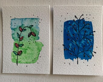 ACEO Original Watercolor Painting Set of Two “Quietly Magical” Flowers Leaves Minimalist Botanical Art Garden