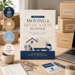 May include: An interactive moving and relocation planner book with a cream cover, featuring a house and truck illustration, titled "Moving & Relocation Planner." The cover includes text about planning, organising, and settling in, with a dark blue base.