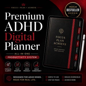 ADHD digital planerare, ADHD produktivitetsplanerare, daglig veckovis månadsplanerare, verktygslåda för exekutiva funktioner, fokus- och vanespårare i PDF-format