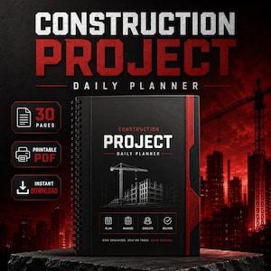 May include: A black spiral-bound daily planner titled Construction Project Daily Planner. The cover features a white line drawing of a construction crane and building, with icons for Plan, Manage, Execute, and Deliver. It includes 30 pages, printable PDF, and instant download.