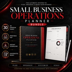 Könnte beinhalten: Ein Small Business Operations Planner-Paket mit einem schwarzen spiralgebundenen Notizbuch mit roten Akzenten und einem digitalen Tablet, das eine Seite mit einem Betriebsplan anzeigt. Der Text enthält "The ultimate system to plan, organize & grow your business" und "30 premium pages".
