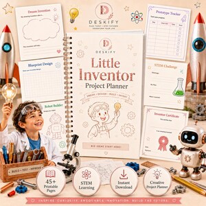 May include: A spiral-bound Little Inventor Project Planner by Deskify featuring a cover illustration of a child with a lightbulb. The set includes printable pages like a Prototype Tracker, STEM Challenge, and Inventor Certificate, plus a toy robot.