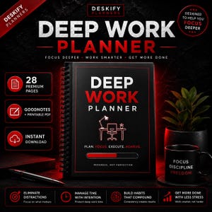 May include: A black spiral-bound Deep Work Planner with red and white text, featuring a desk icon, a progress bar, and the phrase Plan. Focus. Execute. Achieve. The cover includes the text Progress, Not Perfection and Deskify Planners branding.