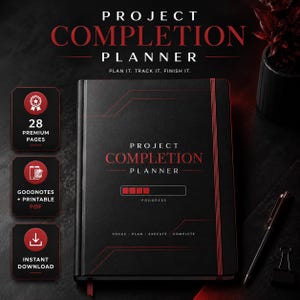 May include: A black Project Completion Planner notebook with red text and line accents. The cover features the text Project Completion Planner, Plan It. Track It. Finish It., Progress, and Focus, Plan, Execute, Complete. Includes three side icons.