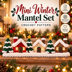 Pode incluir: Um padrão de crochê intitulado Mini Winter Mantel Set com uma fileira de três pequenas casas e três árvores de Natal com acabamento branco, janelas amarelas e estrelas no topo, sobre uma base branca com três ícones.