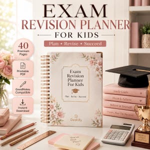 May include: A spiral-bound Exam Revision Planner for Kids with a floral cover, featuring the text 'Exam Revision Planner For Kids' and 'Plan • Revise • Succeed'. The planner is surrounded by pencils, a ruler, sticky notes, a calculator, and a trophy.