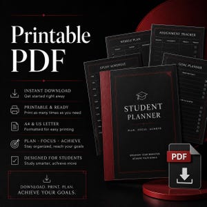Puede incluir: Un conjunto de planificador estudiantil PDF imprimible con un esquema de colores negro y rojo oscuro. La portada muestra el texto STUDENT PLANNER, PLAN FOCUS ACHIEVE y ORGANIZE YOUR SEMESTER. ACHIEVE YOUR GOALS. Incluye páginas de plan semanal, seguimiento de tareas, horario de estudio y planificador de metas.