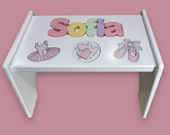 Children's Personalized Step Stool with Puzzle Piece Design.