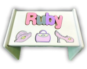 Children's Personalized Step Stool with Puzzle Piece Design.