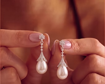 Pendientes vintage de perlas en forma de lágrima, pendientes colgantes de cristal estilo francés, cierre de plata de ley 925, regalo de Navidad y aniversario para ella.