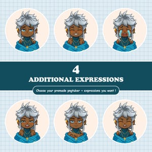 May include: A digital illustration set featuring six circular icons of an anime-style character with silver hair, dark skin, and a blue turtleneck, displaying various facial expressions. The text reads 4 ADDITIONAL EXPRESSIONS and Choose your premade pngtuber + expressions you want!