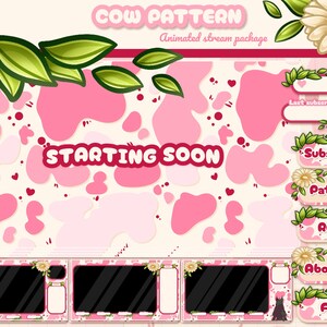 Op de afbeelding: Een digitaal stream-overlaypakket met een roze en witte koeienpatroonachtergrond. Het ontwerp bevat de tekst "COW PATTERN", "Animated stream package", "STARTING SOON" en labels voor "Subscribe", "Patreon", "Rules", "About me" en "FAQ".