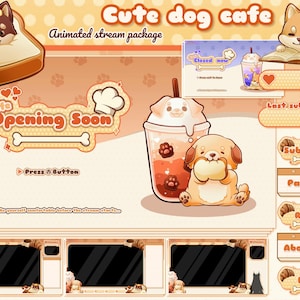 May include: An animated stream package titled Cute dog cafe featuring orange and cream graphics. Elements include a dog in toast, a dog with a drink, and buttons labelled Subscribe, Patreon, Rules, About me, and FAQ with paw print accents.