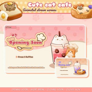 Op de afbeelding: Digitale stream-schermafbeeldingen met een Cute cat cafe-thema. Het hoofdscherm toont Cafe Opening Soon met een drankje in de vorm van een kat en een kleine chef-kat. Een voorbeeld toont Cafe Closing Soon met een kat in een mandje. Tekst: Settings.