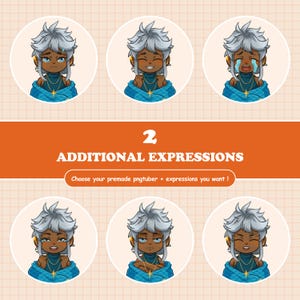May include: A digital illustration sheet featuring six circular icons of a character with silver hair, dark skin, and a blue turtleneck, displaying various facial expressions. The text reads 2 ADDITIONAL EXPRESSIONS and Choose your premade pngtuber + expressions you want!