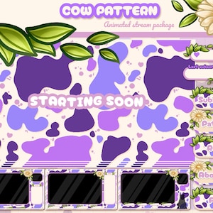 Op de afbeelding: Een digitaal stream-overlaypakket met een paars en lavendelkleurig koeienvlekkenpatroon. De set bevat een Starting Soon-scherm en diverse rechthoekige informatiepanelen met de labels Subscribe, Patreon, Rules, About me en FAQ, versierd met groene bladeren en witte bloemen.
