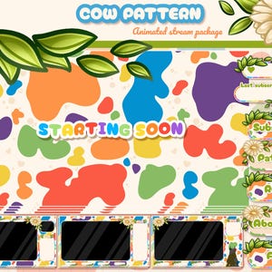 Op de afbeelding: Een digitaal stream-pakket met een kleurrijk koeienpatroon met oranje, blauwe, paarse, gele en groene vlekken. De tekst luidt COW PATTERN, Animated stream package, STARTING SOON, Last subscriber, Subscribe, Patreon, Rules, About me, en FAQ.