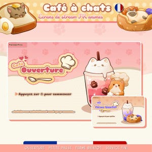 Op de afbeelding: Een digitale stream overlay set met een roze thema en kattenillustraties. Het hoofdscherm toont de tekst Café Ouverture, een koksmuts, een lepel en een drankje met kattenmotief. Een kleine preview toont de tekst Ferme bientôt met een kattenmand.