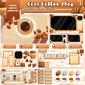 Könnte beinhalten: Ein digitales Stream-Paket mit dem Titel Cozy Coffee Shop, das animierte Overlays, Schaltflächen und Symbole in Braun- und Cremetönen enthält. Elemente wie Kaffeebohnen, Tassen, Croissants und eine Mühle sowie Texte wie Starting soon und Username.