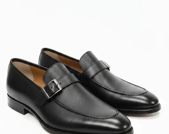 Men’s Handmade black leather monk strap loafers,  wedding dress shoes