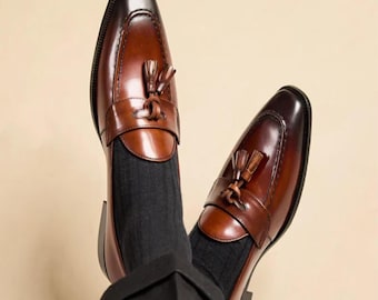 Mocassins à pampilles en cuir marron pour hommes, faits main, chaussures de bureau patinées à enfiler