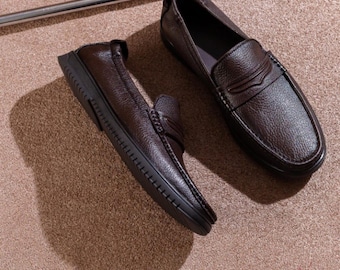 Mocasines de cuero marrón oscuro para hombre, zapatos de vestir para hombre