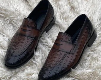 Men’s brown woven leather penny loafers, handmade slip on dress shoes