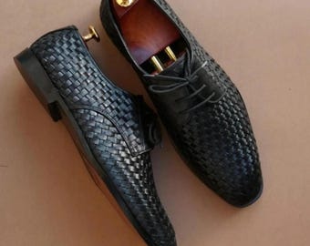 Handmade Black Woven Leather Oxford Dress Shoes, Men's Lace Up Formal Footwear