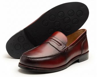 Handmade Bespoke Style Men’s Leather Dress Loafers, hand-burnished burgundy, moc stitch, slip-on dress shoe