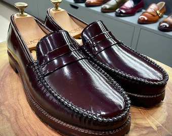 Burgundy glossy moc toe penny loafers, beefroll, classic slot, Chunky sole