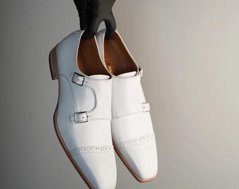 Men’s white double monk strap shoes, handmade leather oxfords, formal wedding dress