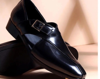 Men’s peshawari sandals, black leather, buckle strap, dress ethnic shoes
