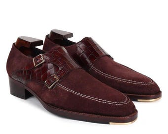Burgundy suede double monk strap shoes, crocodile embossed, dress loafers