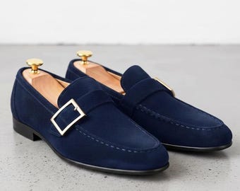 Men’s navy suede buckle loafers, handmade leather dress shoes, slip on moc toe