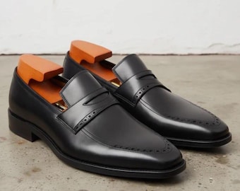 Men’s black leather penny loafers, handmade saddle slip on Slot dress shoes