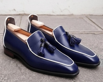 Men's Blue leather loafers , handmade tassel slip-on evening dress shoes