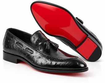 Handgemaakte zwarte loafers met kwastjes van struisvogelleer – Herenschoenen met rode zool