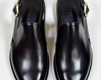 Handmade Mens Black Leather Slingback Sandals, Peep Toe Chapal, Formal Casual Shoes