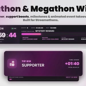 May include: A digital widget interface for live streaming featuring a dark purple theme with pink accents. The display shows a countdown timer, milestone progress bars, and event notifications with text including Subathon & Megathon Widget.