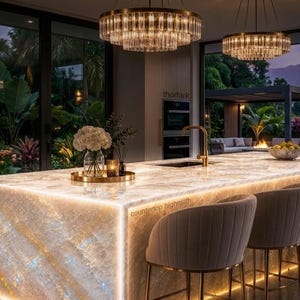 May include: A large kitchen island with a backlit white stone countertop and base, featuring integrated LED lighting. The island includes a gold faucet, a sink, and a tray with a vase of white flowers. Four upholstered chairs are positioned alongside.