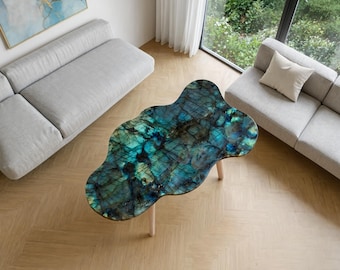 Handcrafted Labradorite Coffee Table | Iridescent Gemstone Table Top | Live Edge Art Furniture