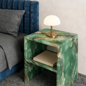 Handmade Green Onyx Stone Block Side Table | Modern Open-Shelf Pedestal End Table