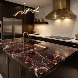 May include: A kitchen interior featuring a large island with a dark red marble countertop and white veining, dark wood cabinetry, stainless steel appliances, a gold range hood, a gold faucet, and a gold tea kettle on a white marble countertop.