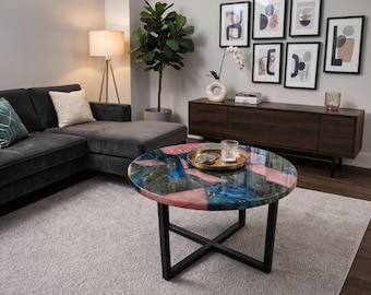 Mesa de centro de labradorita y cuarzo rosa / Tablero de mesa de lujo con piedras preciosas naturales