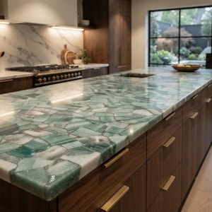 May include: A kitchen island featuring a polished countertop made of green and white stone fragments set in a mosaic pattern. The island base consists of dark brown wood cabinets with horizontal gold-toned metal handles and a smooth finish.