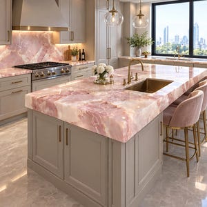 May include: A kitchen island featuring a polished pink marble countertop with white veining, a built-in stainless steel sink, and a gold faucet. Three light pink velvet bar stools with gold metal legs are positioned along the side of the island.
