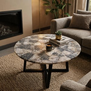 Tablero de mesa de centro de cuarzo ahumado – Mesa de comedor de piedra de ágata natural, muebles de piedras preciosas de lujo hechos a mano