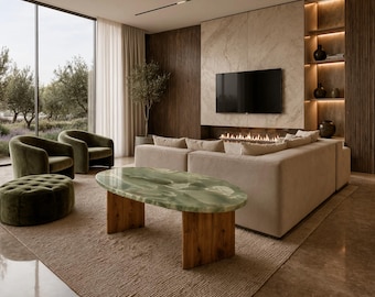 Green Onyx Coffee Table | Natural Stone Oval Minimalist Handmade Furniture